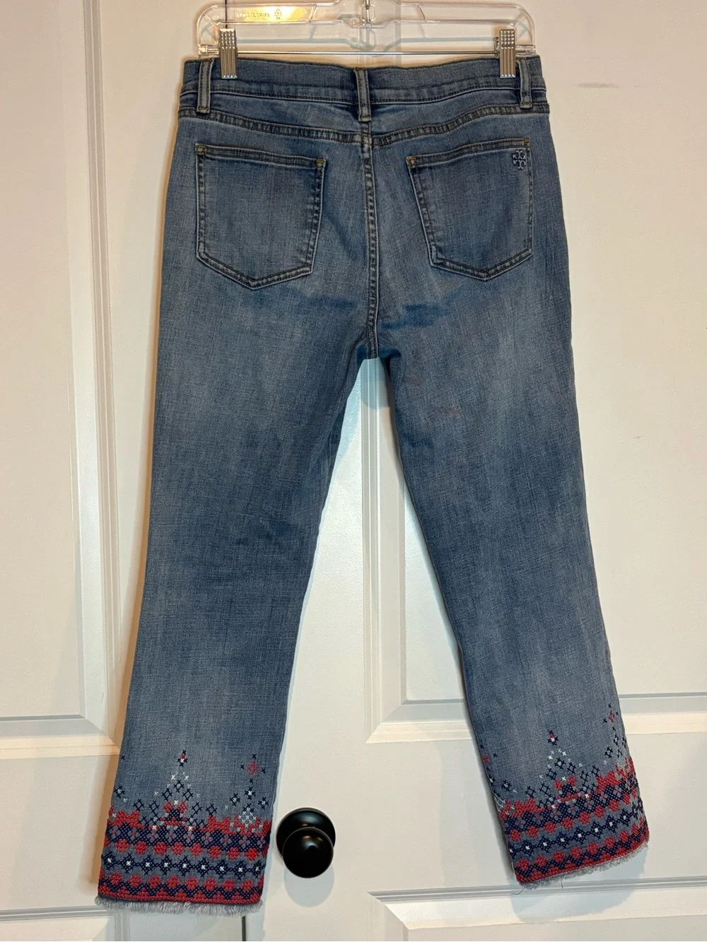 Tory Burch Myers Red Blue Embroidered Raw Crop Hem Jeans 28